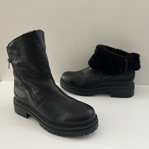 Avellini Leather Fold-Over Chunky Ankle Boots Faux Fur Moto Combat Size 40/9-9.5 - Picture 1 of 13